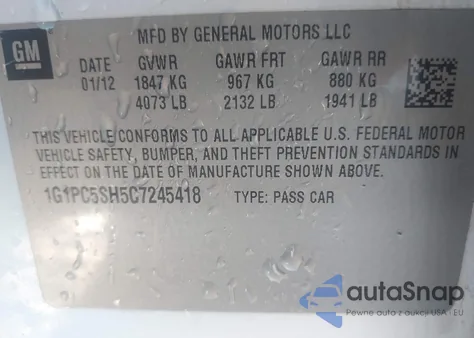 2012 Chevrolet Cruze Ls from USA, damaged, VIN 1G1PC5SH5C7245418